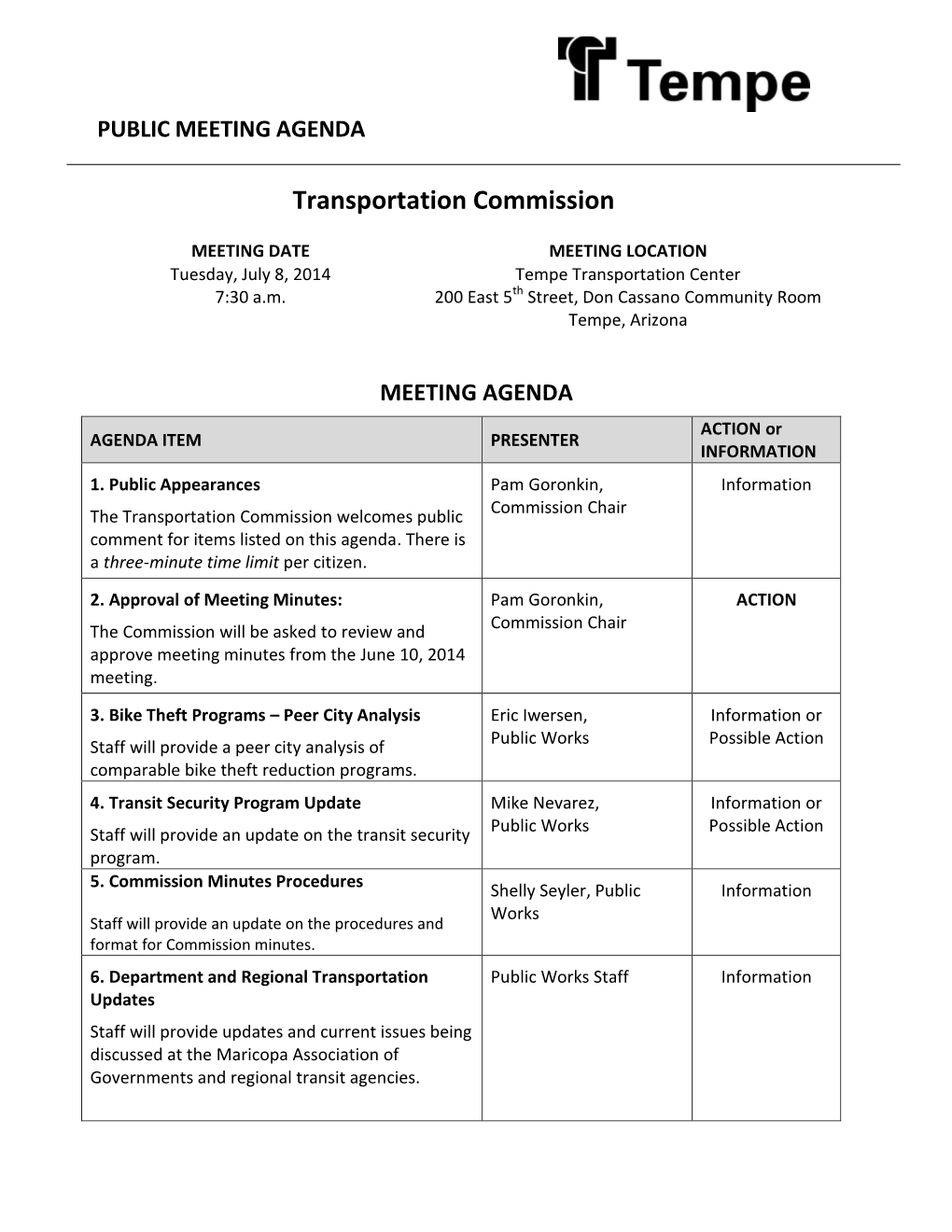 PUBLIC MEETING AGENDA Transportation Commission