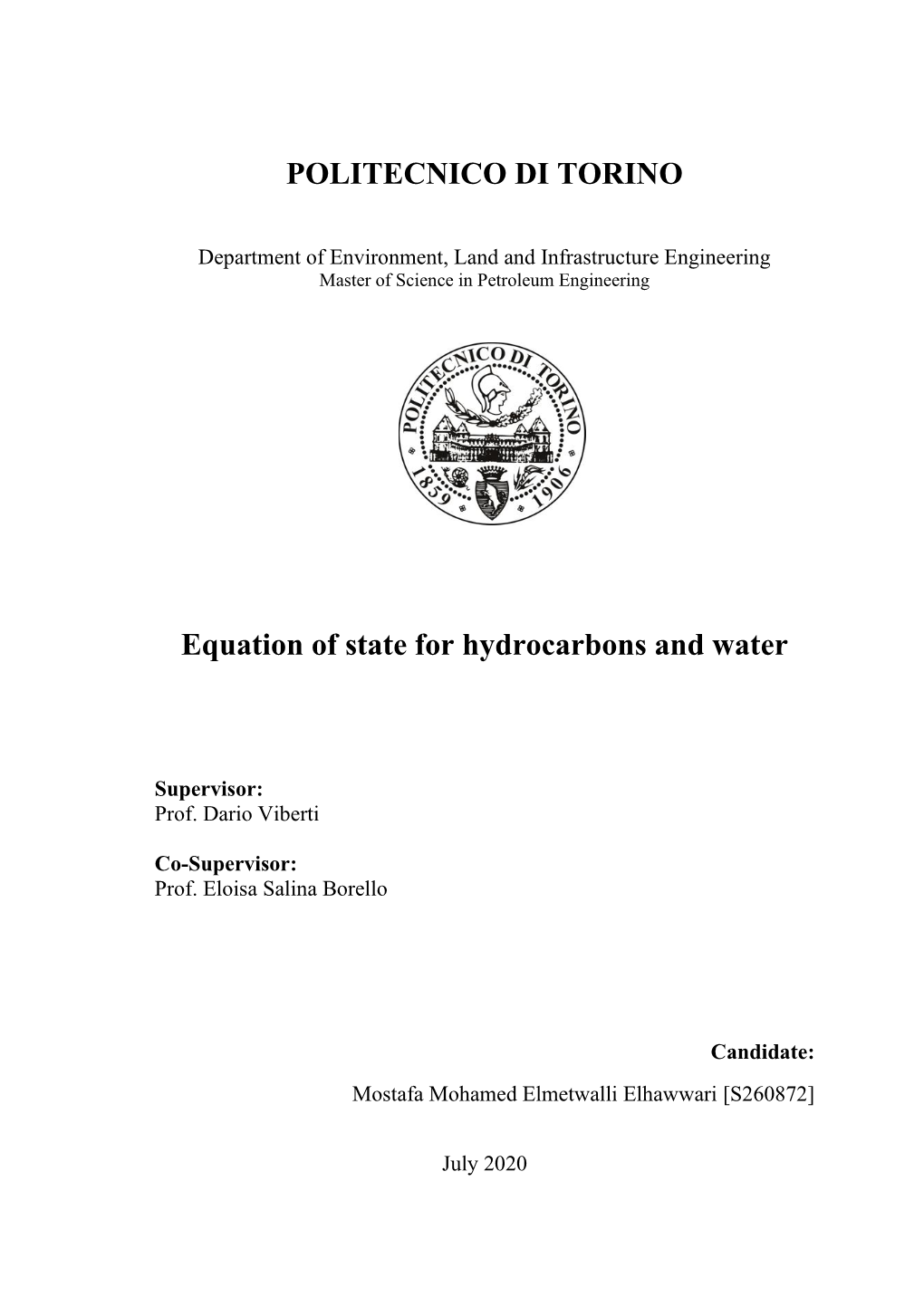 POLITECNICO DI TORINO Equation of State for Hydrocarbons and Water