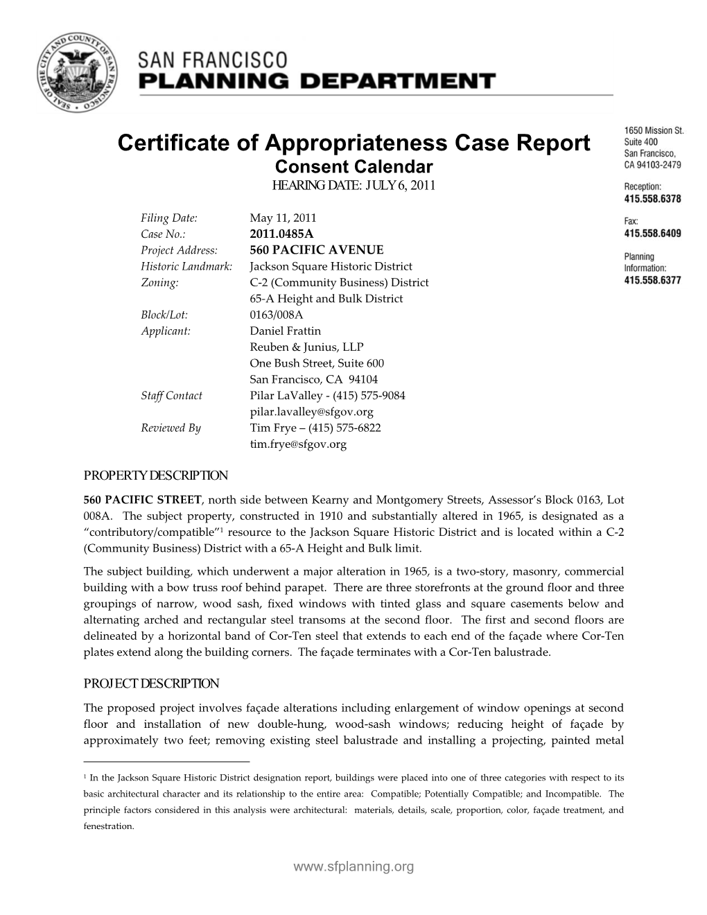 Certificate of Appropriateness Case Report Consent Calendar HEARING DATE: JULY 6, 2011