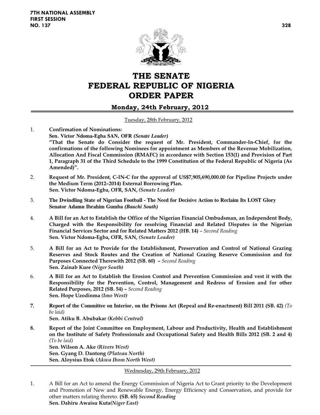 The Senate Federal Republic of Nigeria Order Paper