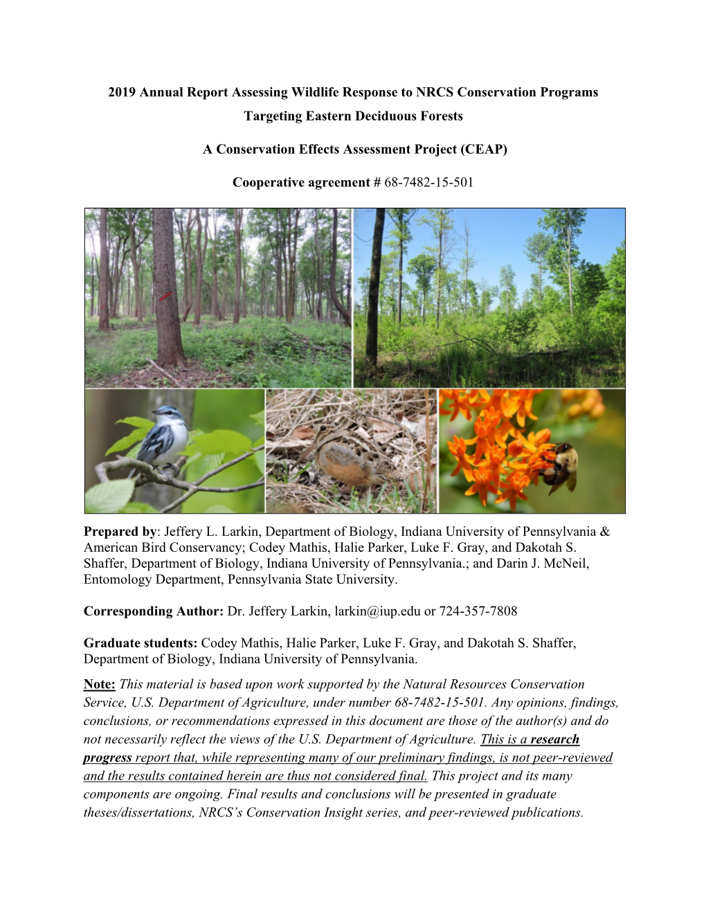 2019 Annual Report Assessing Wildlife Response to NRCS Conservation Programs Targeting Eastern Deciduous Forests