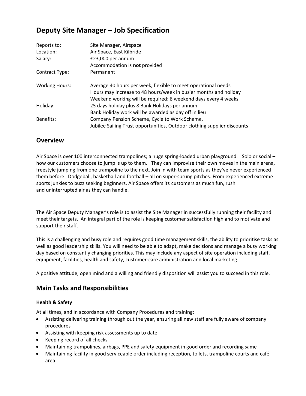 Job Description for HR Manager As at June 2007