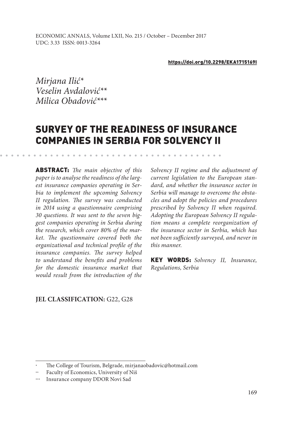 Survey of the Readiness of Insurance Companies in Serbia for Solvency Ii
