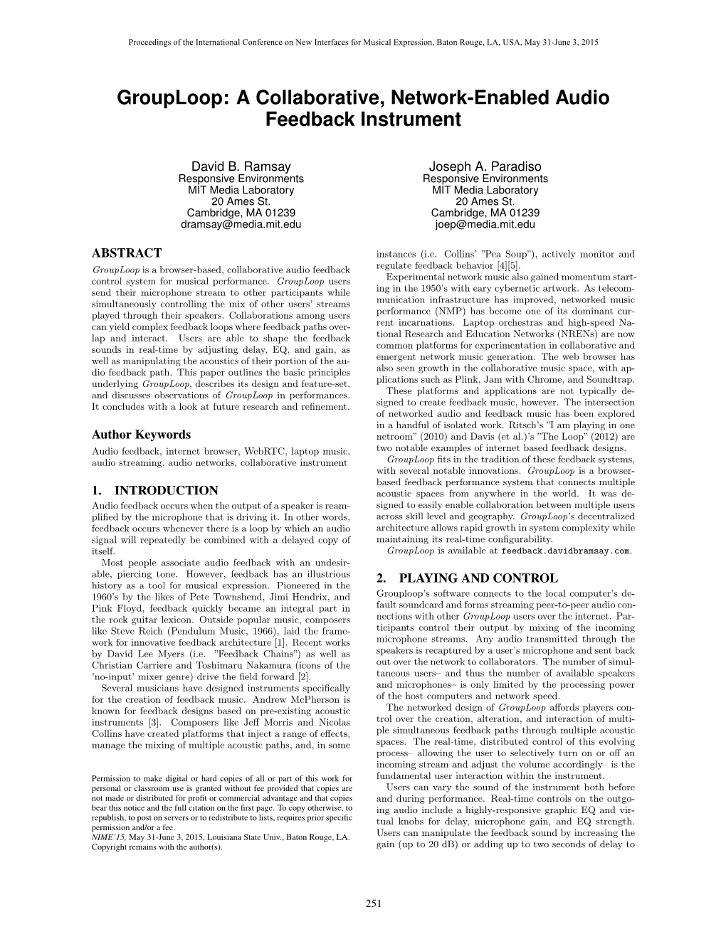 A Collaborative, Network-Enabled Audio Feedback Instrument