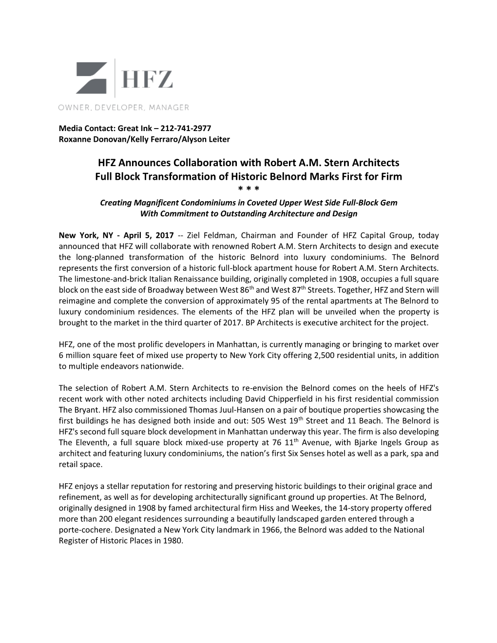 HFZ Announces Collaboration with Robert A.M. Stern Architects Full Block Transformation of Historic Belnord Marks First for Firm