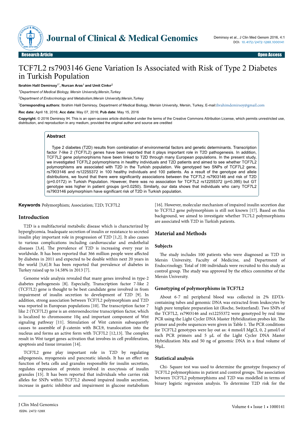 TCF7L2 Rs7903146 Gene Variation Is Associated with Risk of Type 2