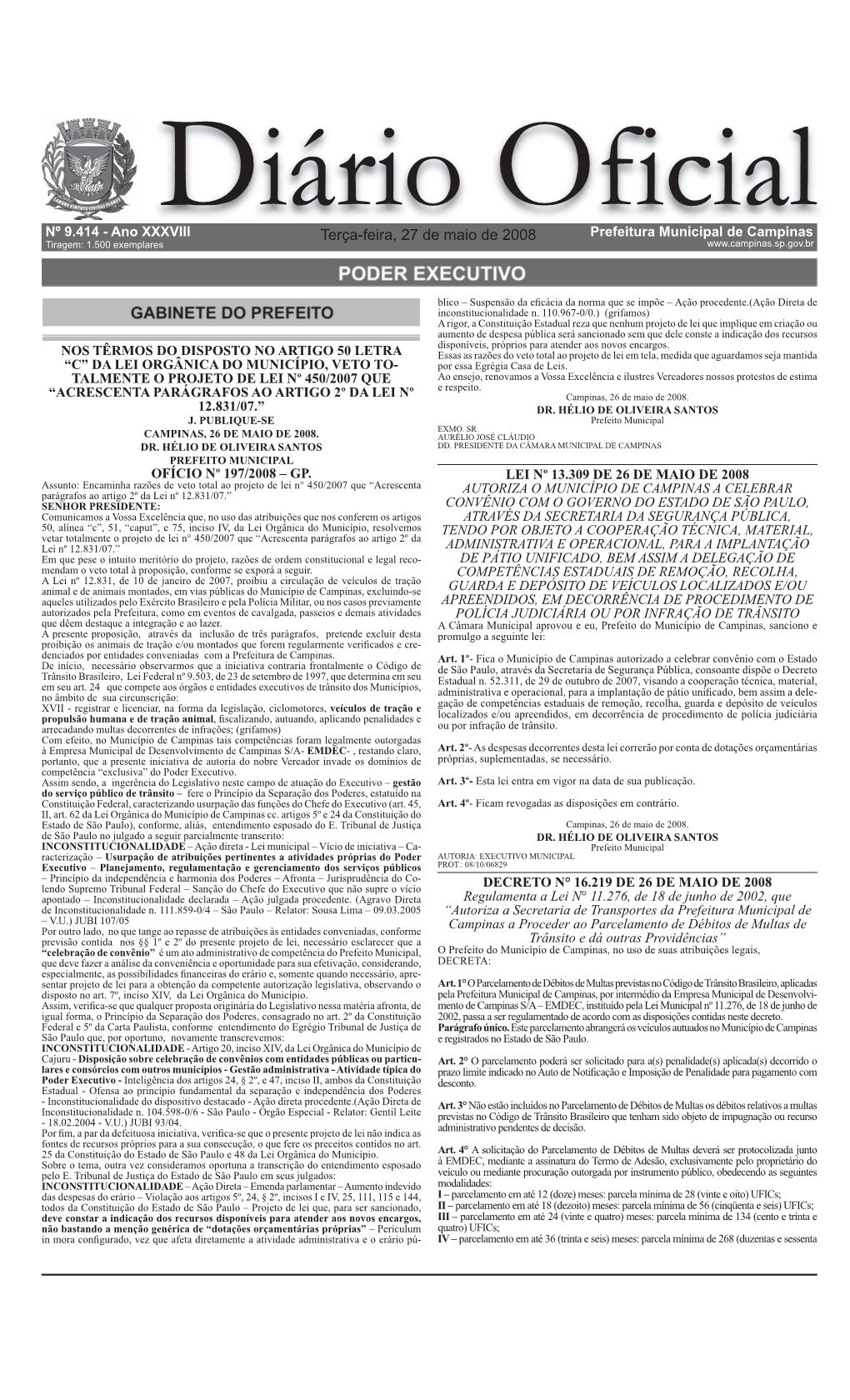 Diário Oficial Nº 9.414 - Ano XXXVIII Terça-Feira, 27 De Maio De 2008 Prefeitura Municipal De Campinas Tiragem: 1.500 Exemplares