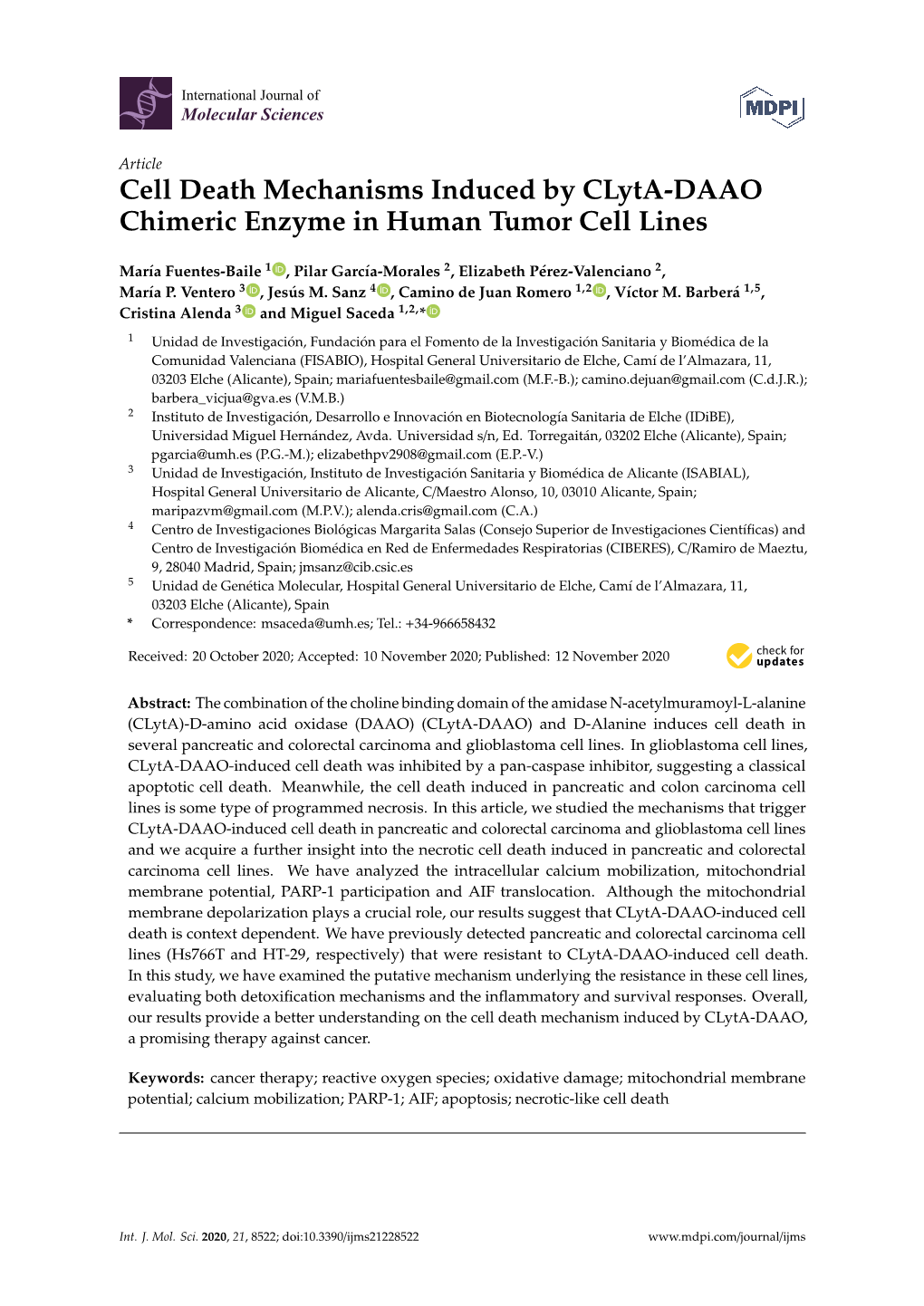 Cell Death Mechanisms Induced by Clyta-DAAO Chimeric Enzyme in Human Tumor Cell Lines