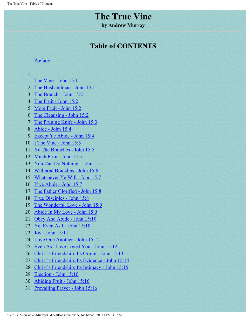 The True Vine - Table of Contents