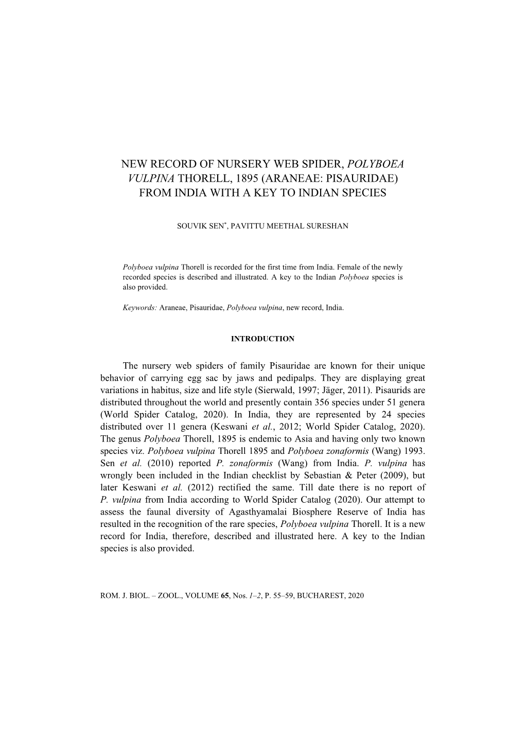 New Record of Nursery Web Spider, Polyboea Vulpina Thorell, 1895 (Araneae: Pisauridae) from India with a Key to Indian Species