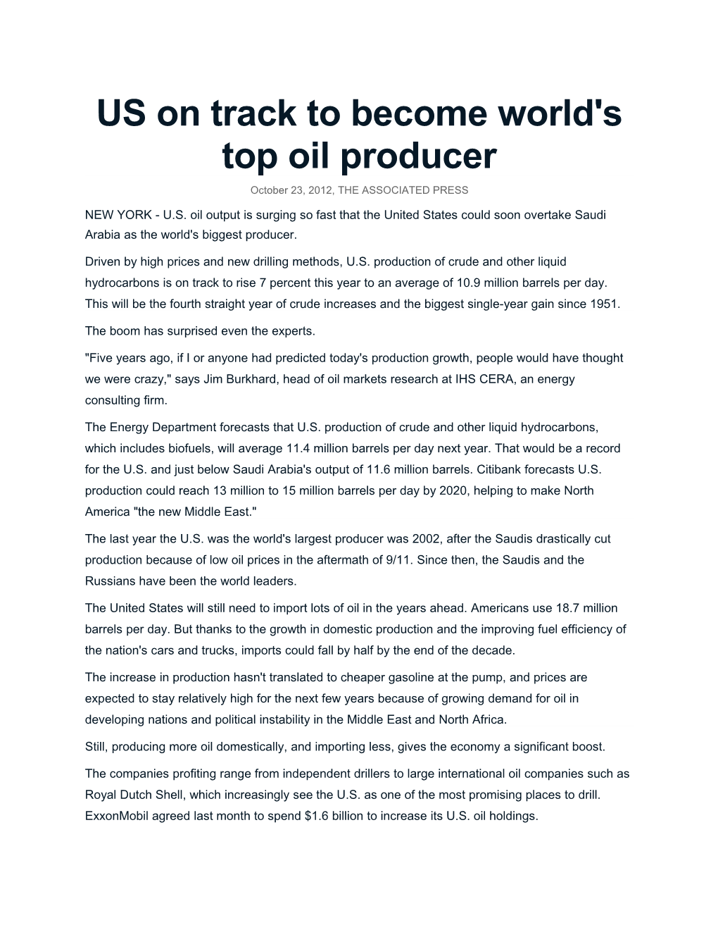 US on Track to Become World's Top Oil Producer