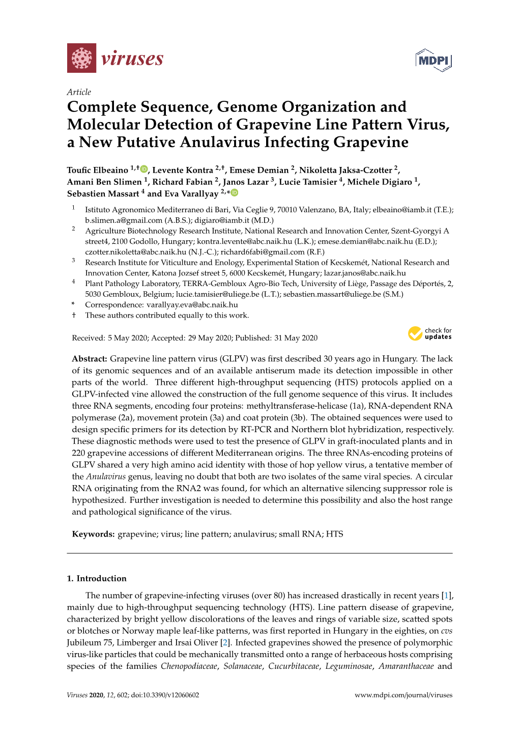 Complete Sequence, Genome Organization and Molecular Detection of Grapevine Line Pattern Virus, a New Putative Anulavirus Infecting Grapevine