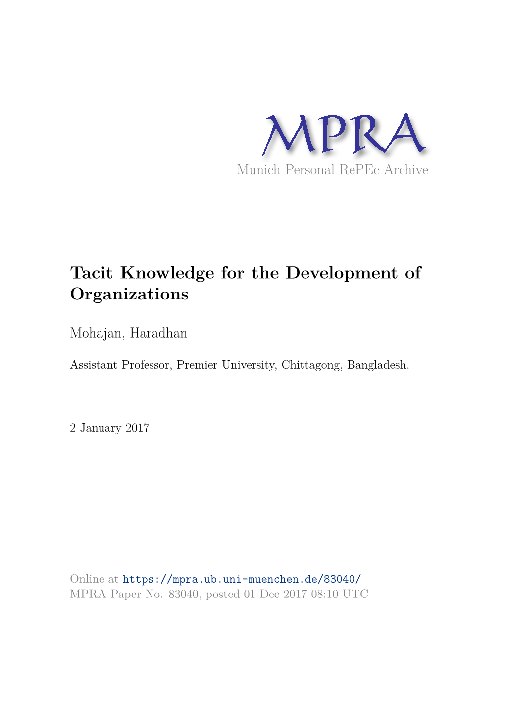 Tacit Knowledge for the Development of Organizations