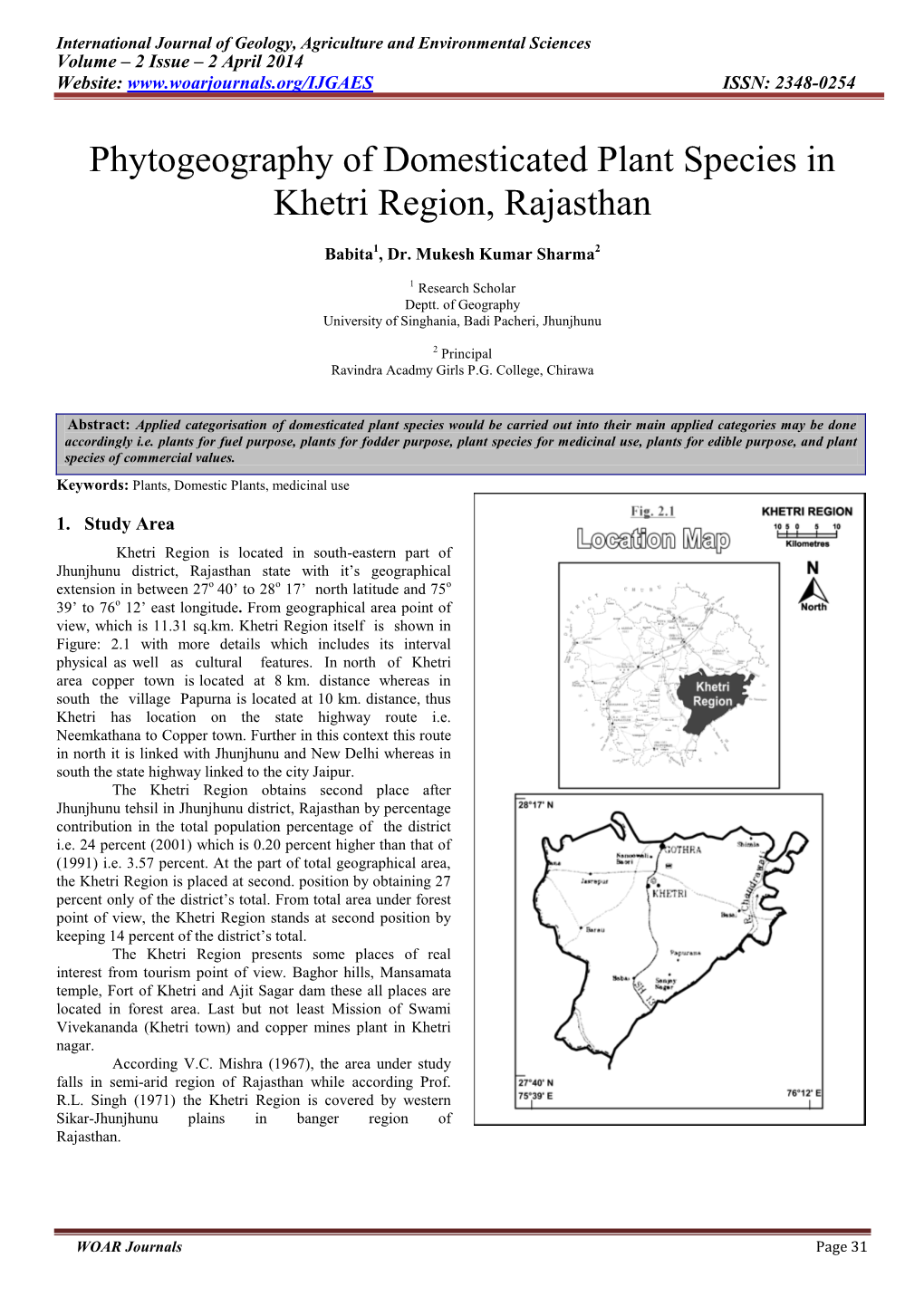 Phytogeography of Domesticated Plant Species in Khetri Region, Rajasthan