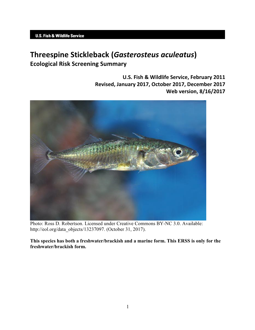 Threespine Stickleback (Gasterosteus Aculeatus) Ecological Risk Screening Summary