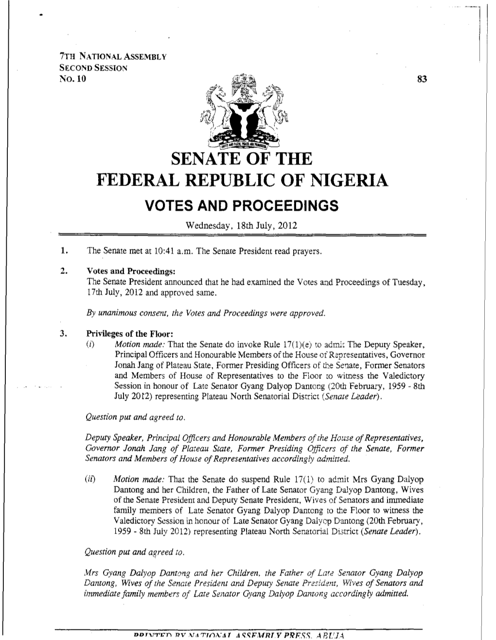 '-1 Senate of the Federal Republic of Nigeria