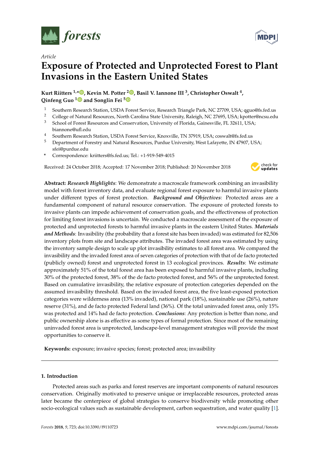 Exposure of Protected and Unprotected Forest to Plant Invasions in the Eastern United States