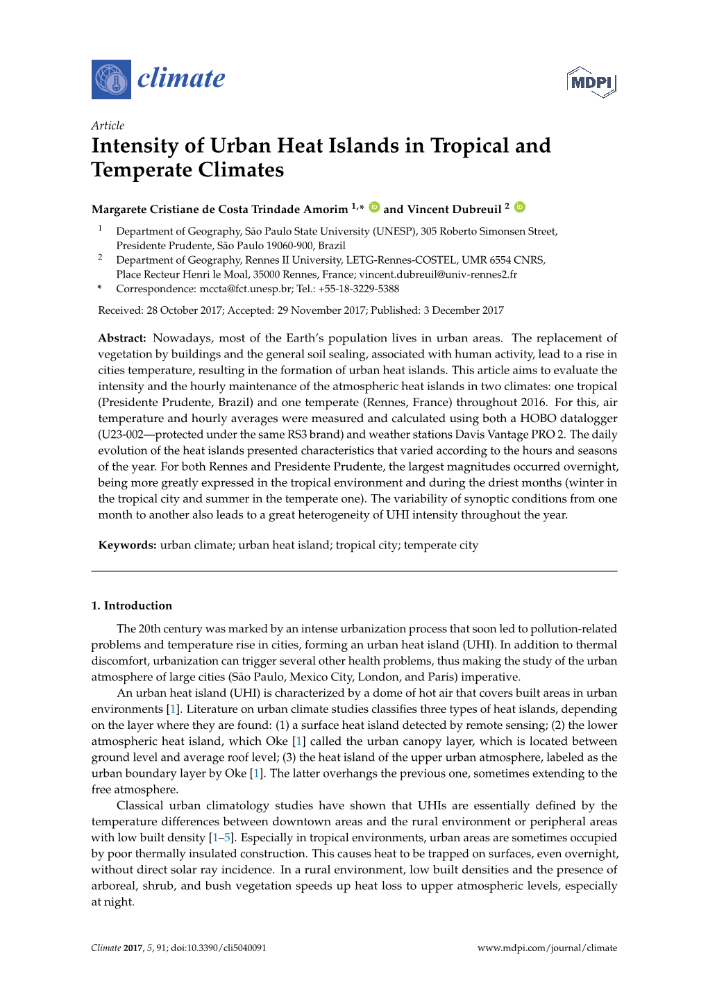 Intensity of Urban Heat Islands in Tropical and Temperate Climates