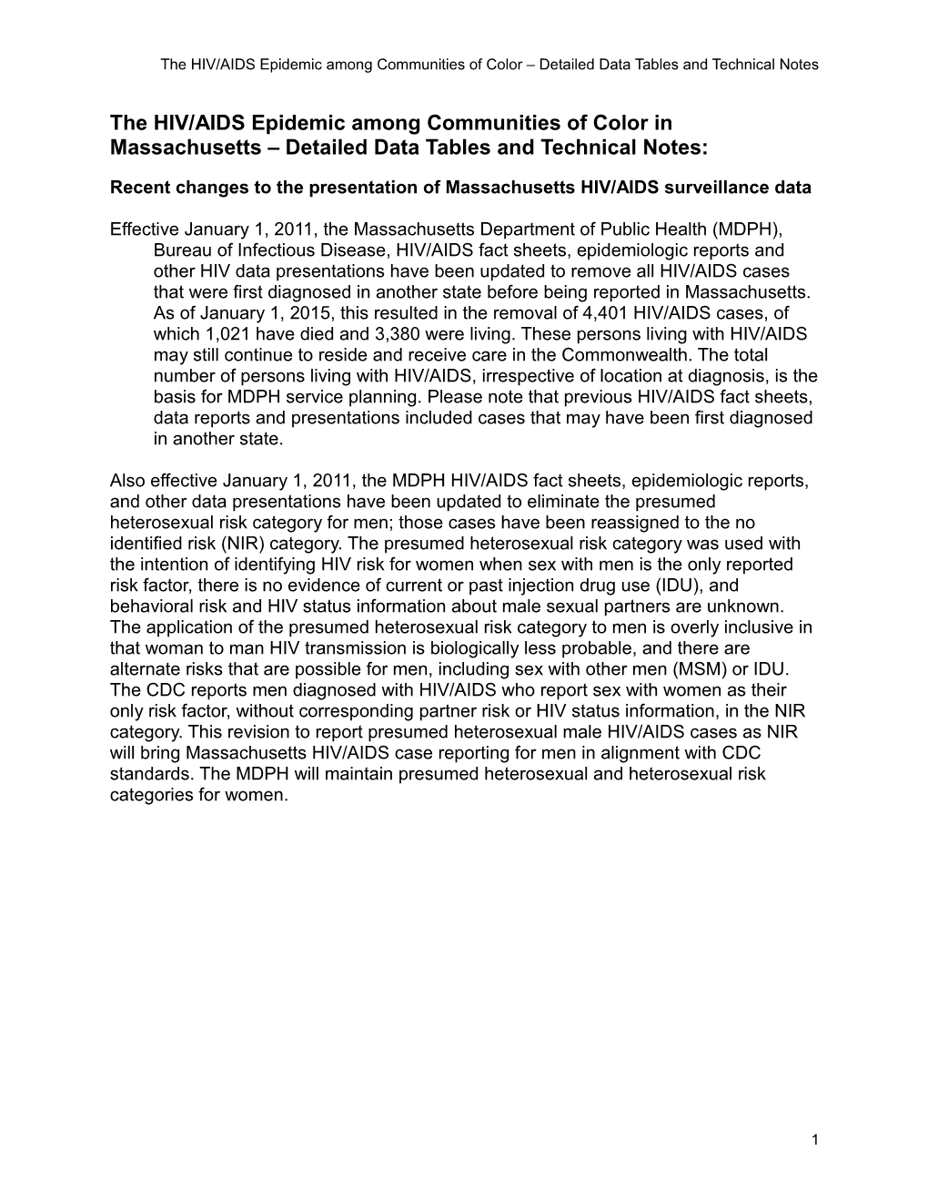 Recent Changes to the Presentation of Massachusetts HIV/AIDS Surveillance Data