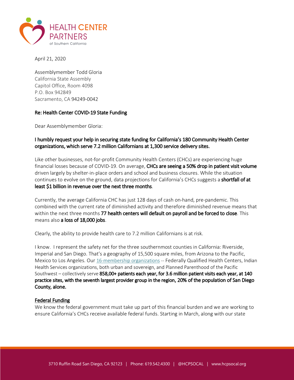 April 21, 2020 Assemblymember Todd Gloria California State Assembly Capitol Office, Room 4098 P.O. Box 942849 Sacramento, CA 94