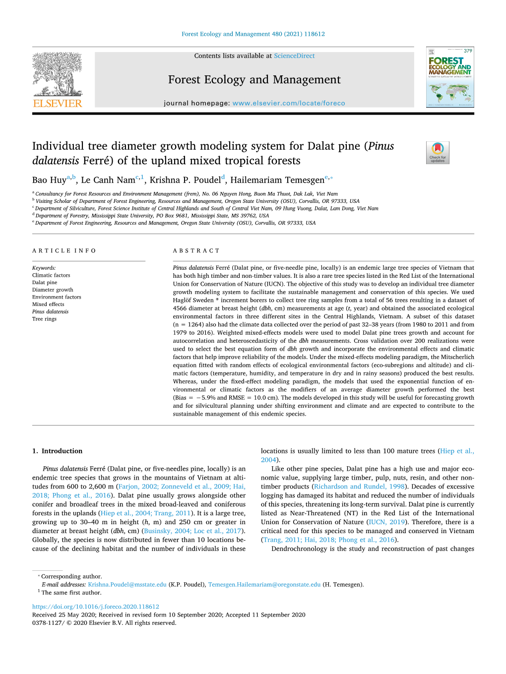 Individual Tree Diameter Growth Modeling System for Dalat Pine (Pinus Dalatensis Ferré) of the Upland Mixed Tropical Forests