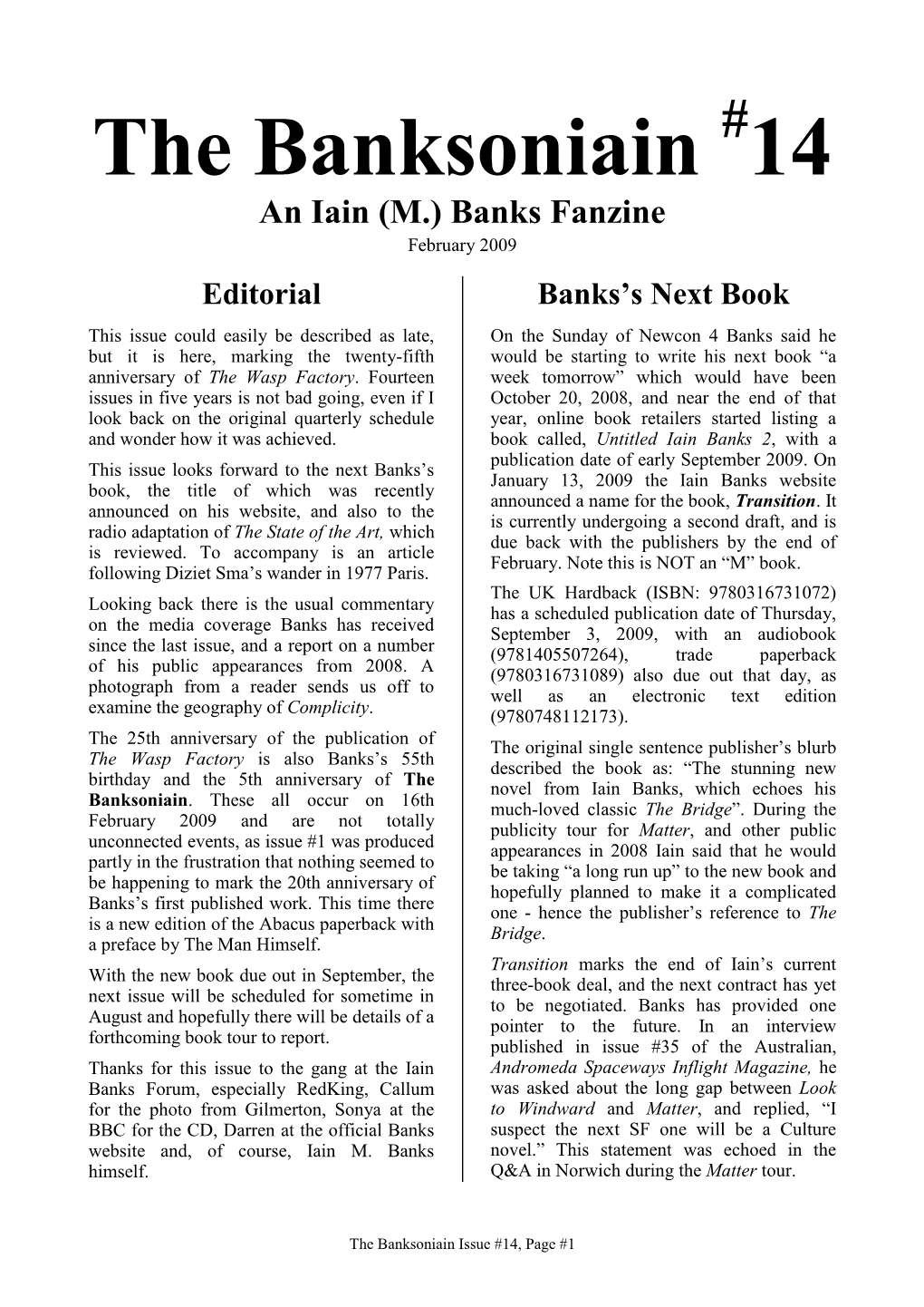 The Banksoniain #14 an Iain (M.) Banks Fanzine February 2009