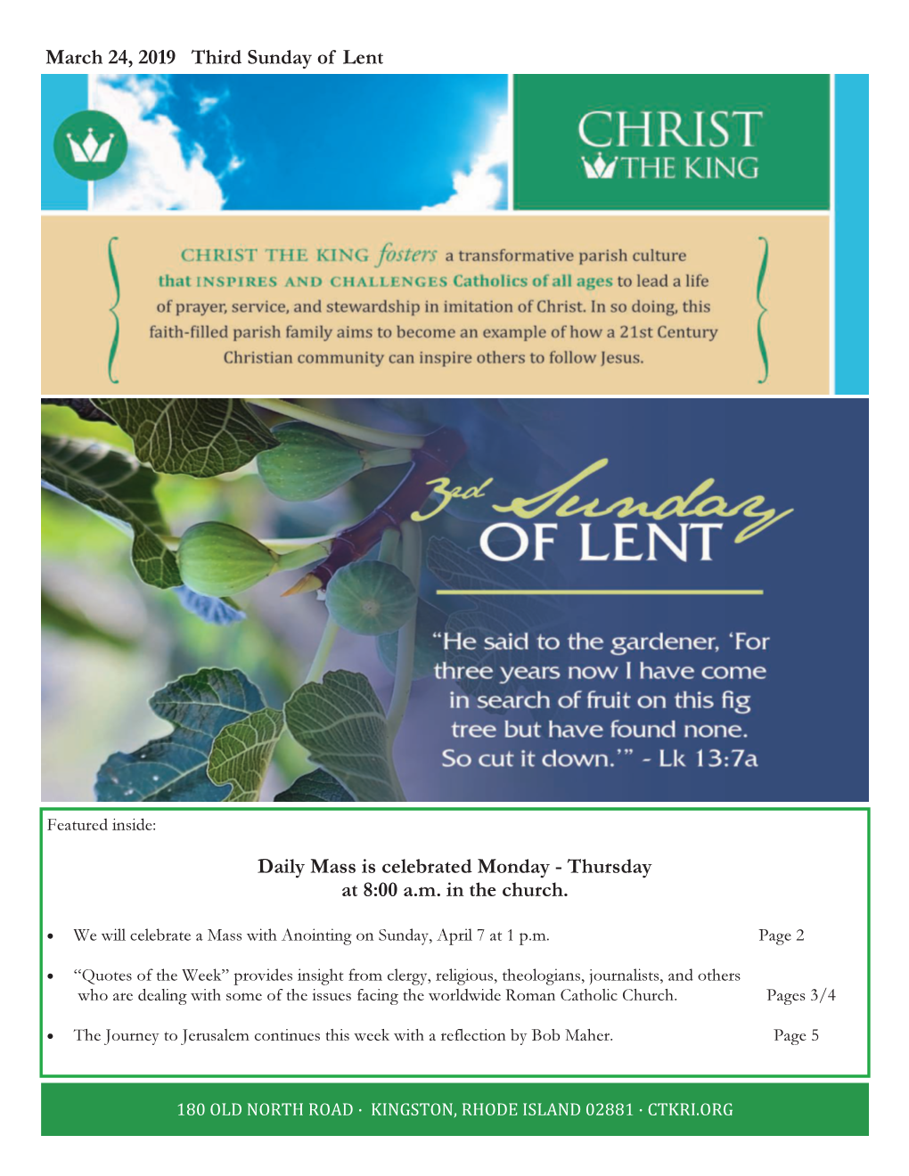 March 24, 2019 Third Sunday of Lent Daily Mass Is Celebrated Monday