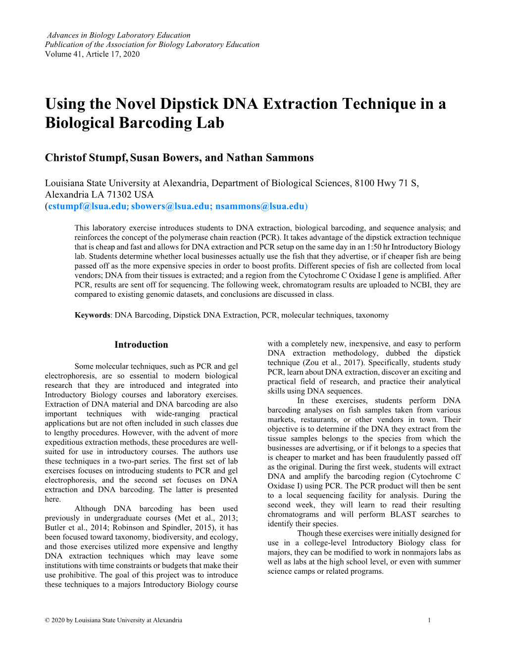 Using the Novel Dipstick DNA Extraction Technique in a Biological Barcoding Lab