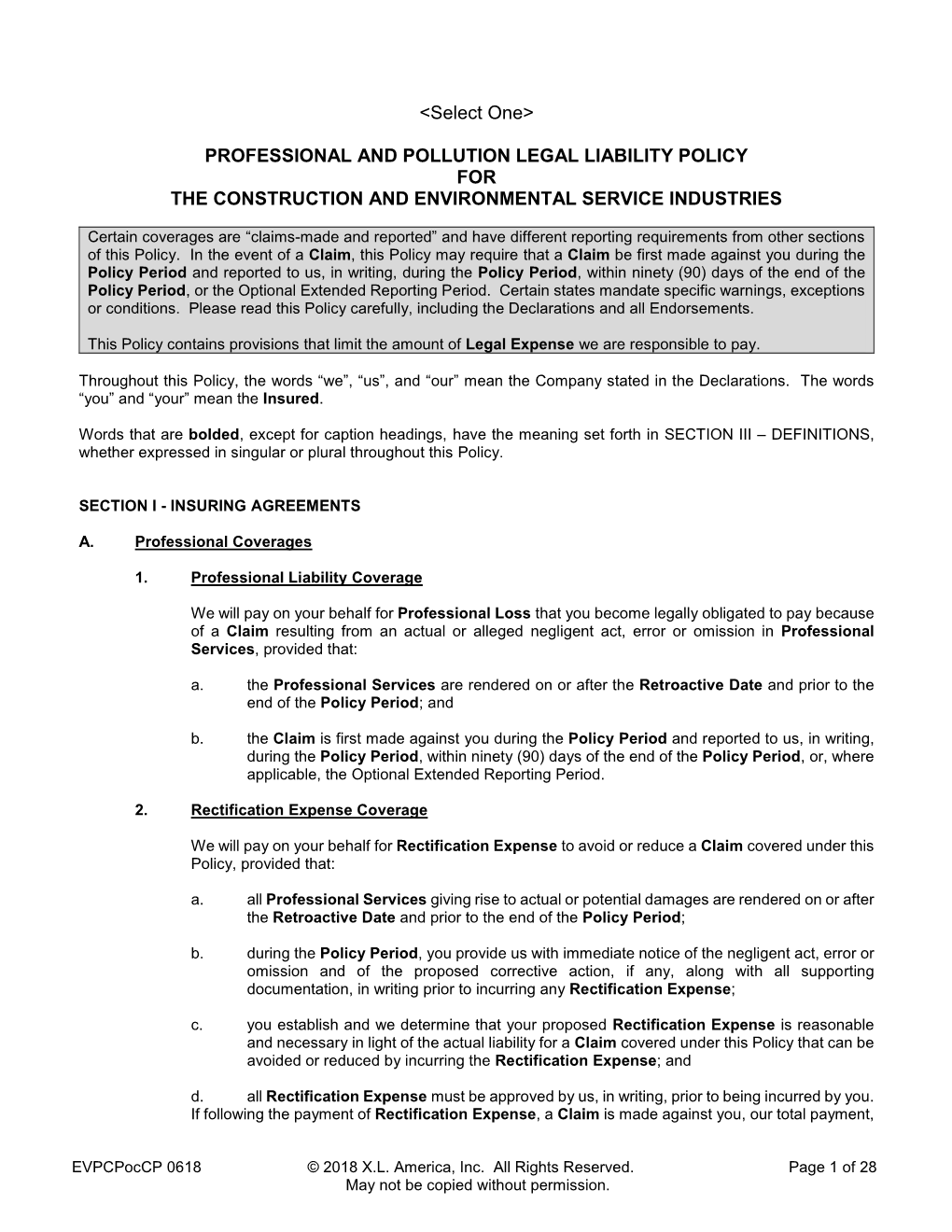 Professional and Pollution Legal Liability Policy for the Construction and Environmental Service Industries