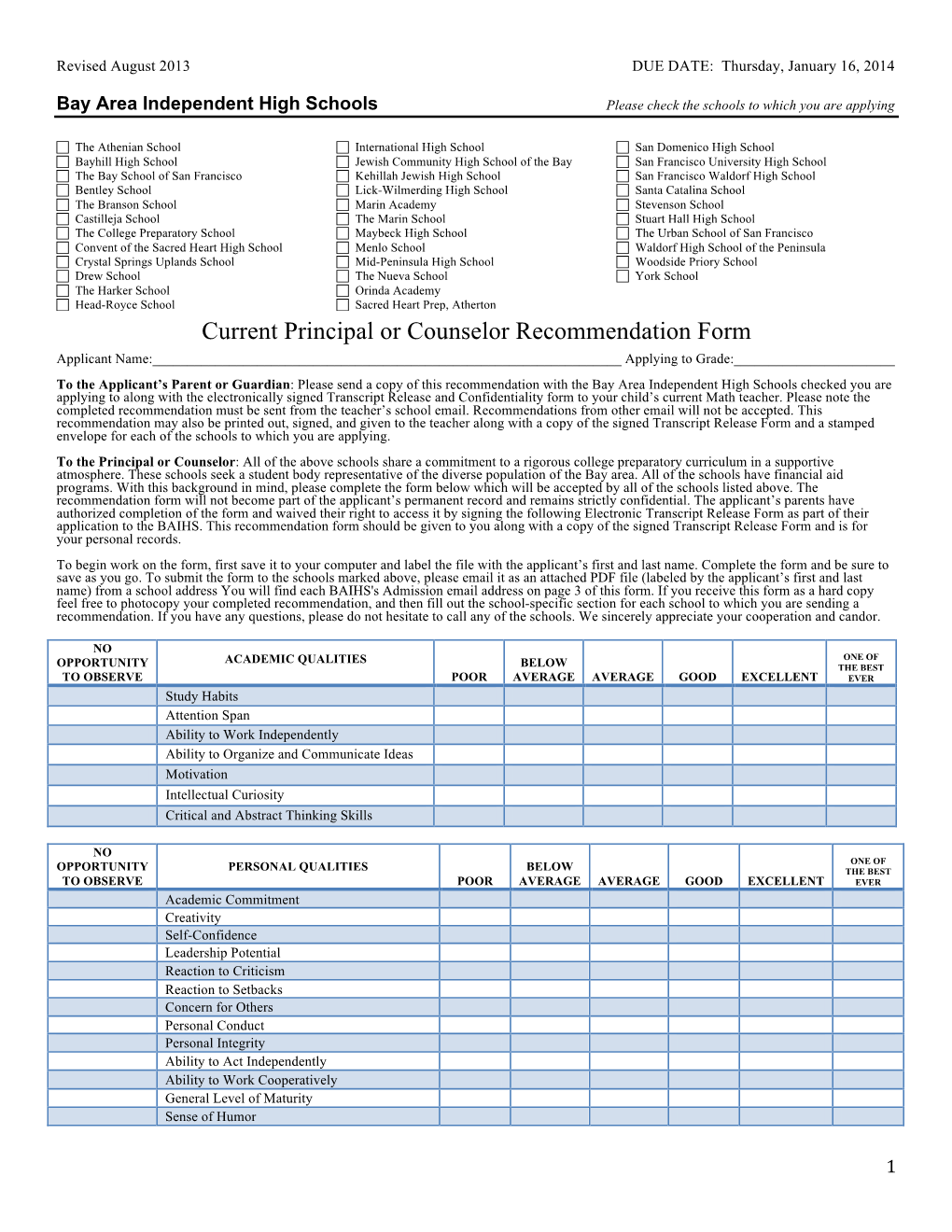 Current Principal Or Counselor Recommendation Form