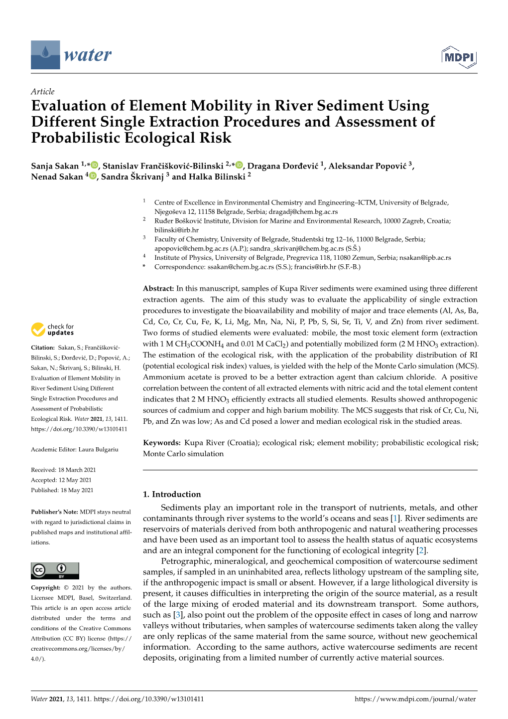 Evaluation of Element Mobility in River Sediment Using Different Single Extraction Procedures and Assessment of Probabilistic Ecological Risk