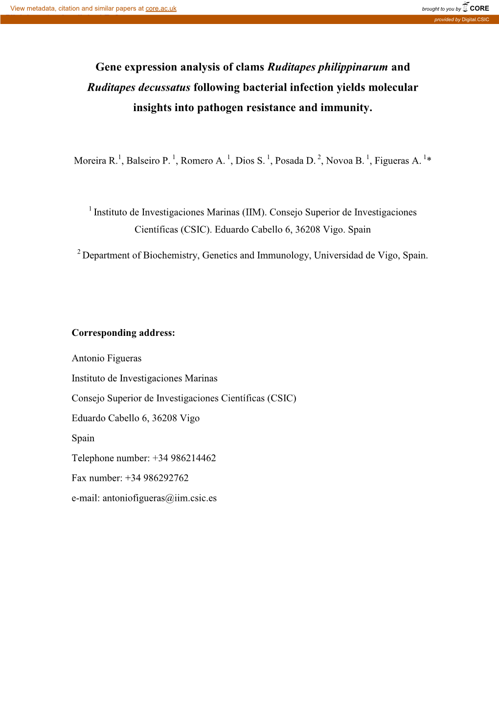 Gene Expression Analysis of Clams Ruditapes Philippinarum and Ruditapes Decussatus Following Bacterial Infection Yields Molecula