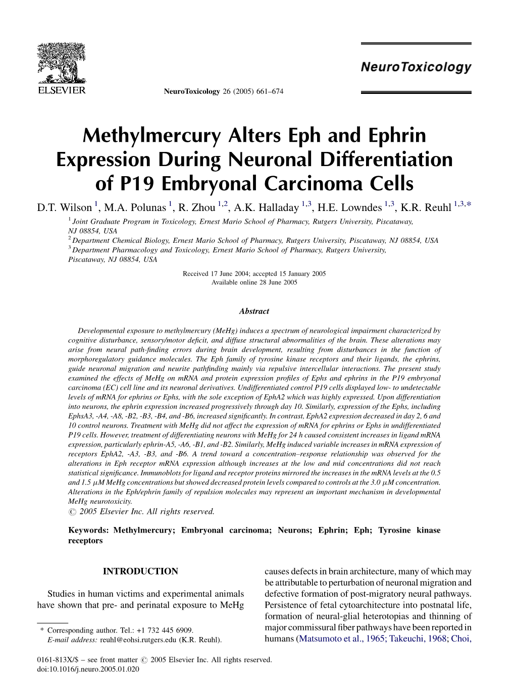 Methylmercury Alters Eph and Ephrin Expression During Neuronal Differentiation of P19 Embryonal Carcinoma Cells D.T