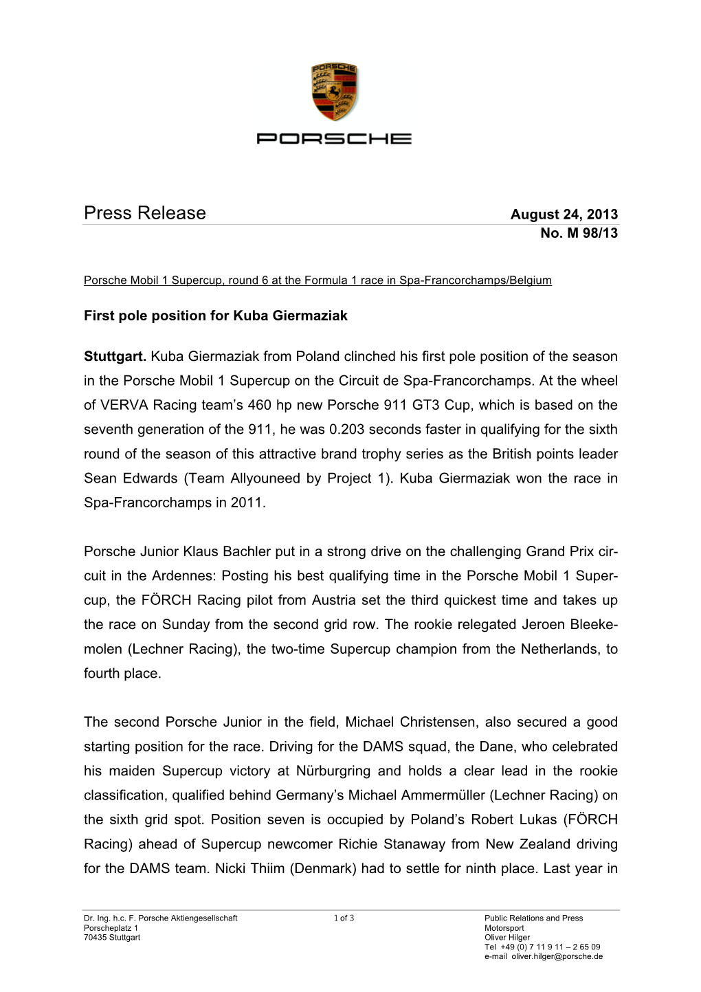 Press Release August 24, 2013 No
