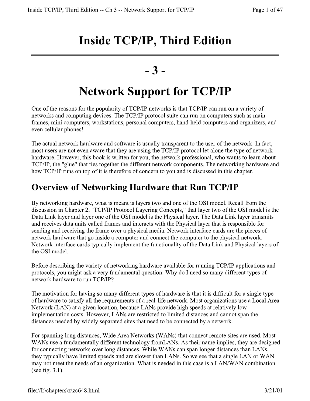 Inside TCP/IP, Third Edition -- Ch 3 -- Network Support for TCP/IP Page 1 of 47