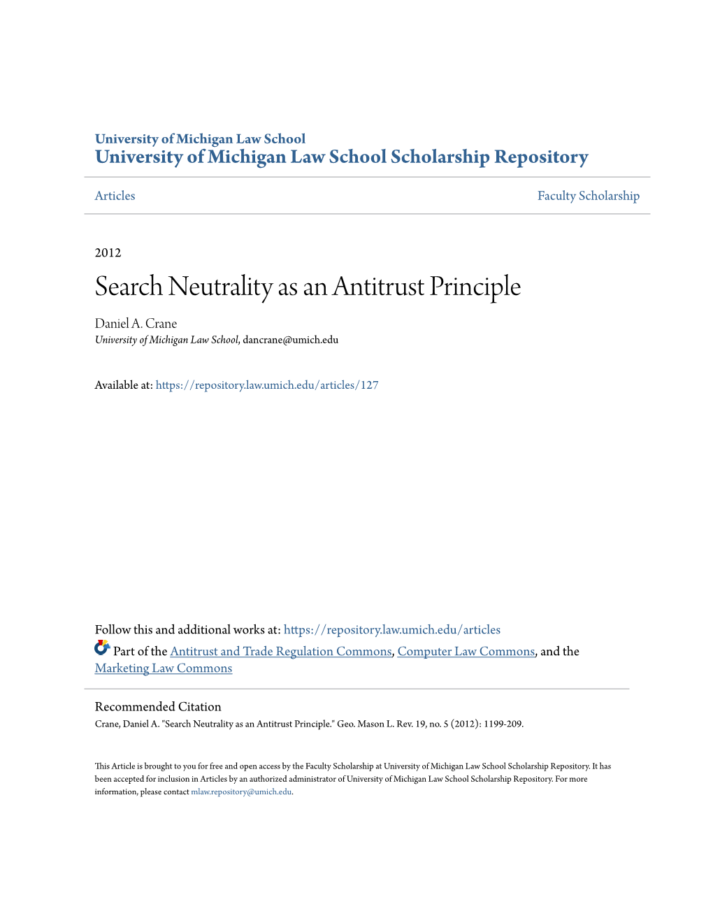 Search Neutrality As an Antitrust Principle Daniel A