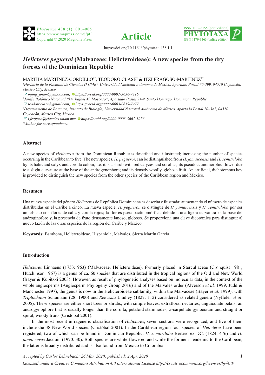 Helicteres Pegueroi (Malvaceae: Helicteroideae): a New Species from the Dry Forests of the Dominican Republic