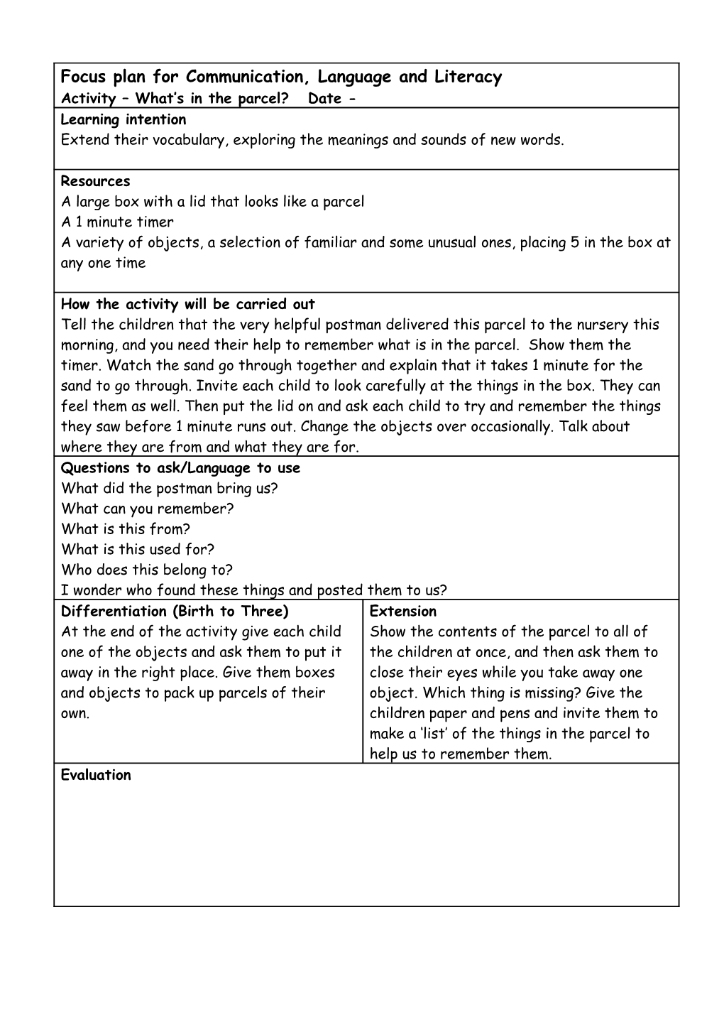 Focus Plan for Circle Time s1