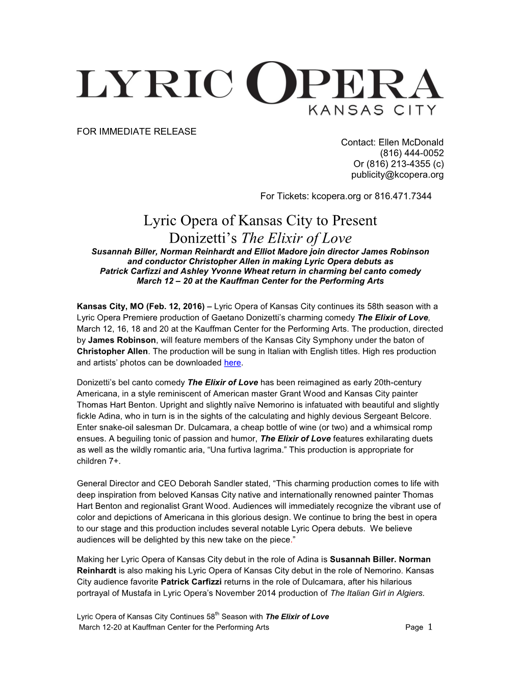 Lyric Opera of Kansas City to Present Donizetti's the Elixir of Love