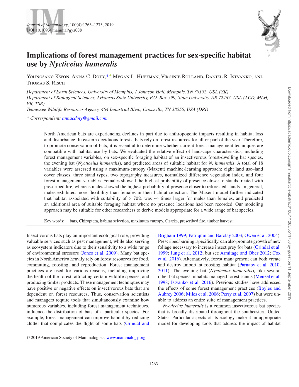 Implications of Forest Management Practices for Sex-Specific Habitat Use by Nycticeius Humeralis