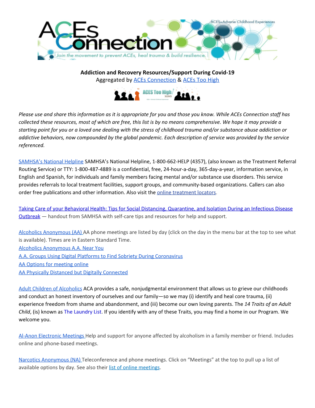 Addiction and Recovery Resources/Support During Covid-19 Aggregated by Aces Connection & Aces Too High ​ ​ ​