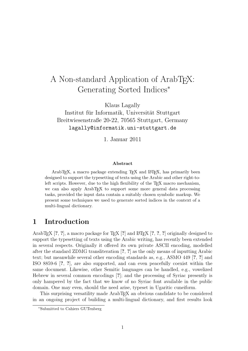 A Non-Standard Application of Arabtex: Generating Sorted Indices∗