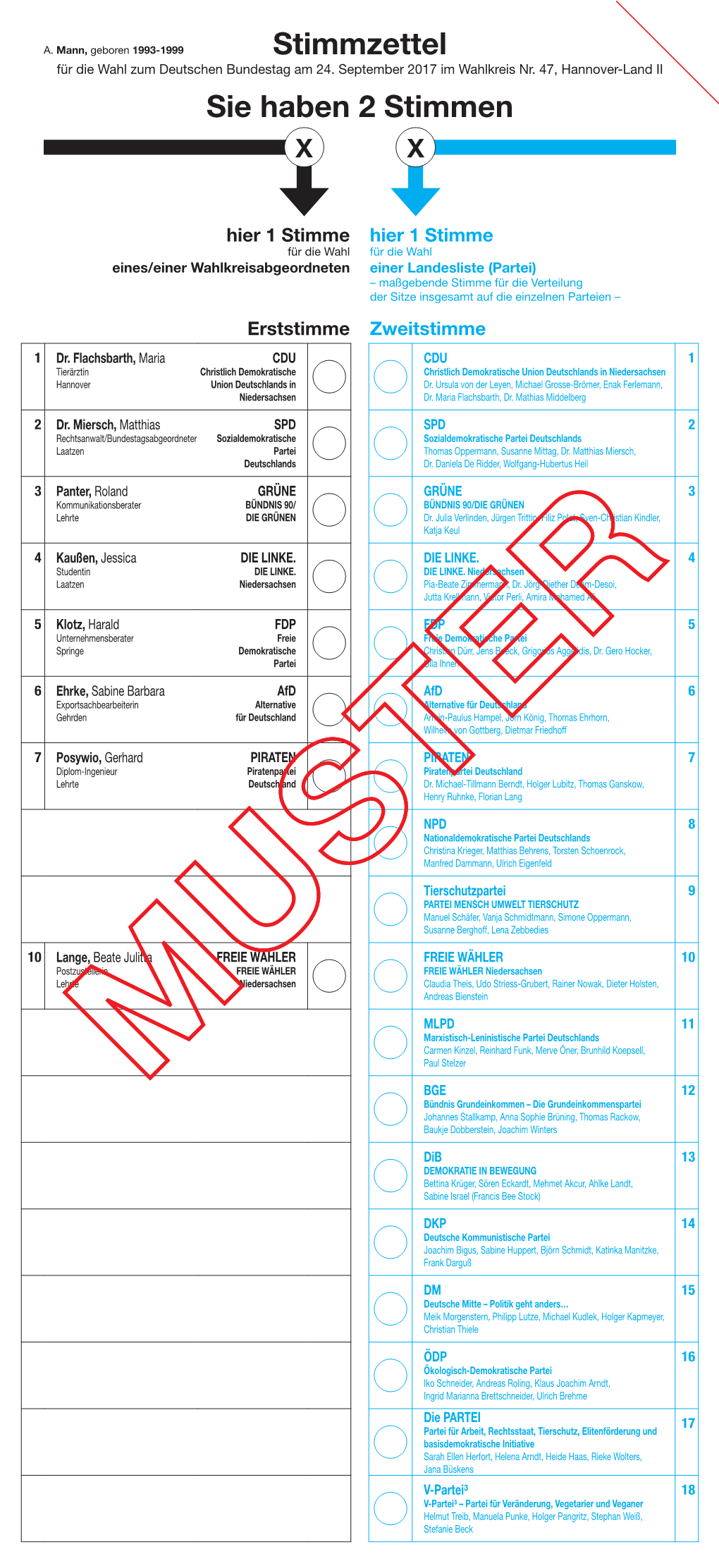 Stimmzettel Sie Haben 2 Stimmen