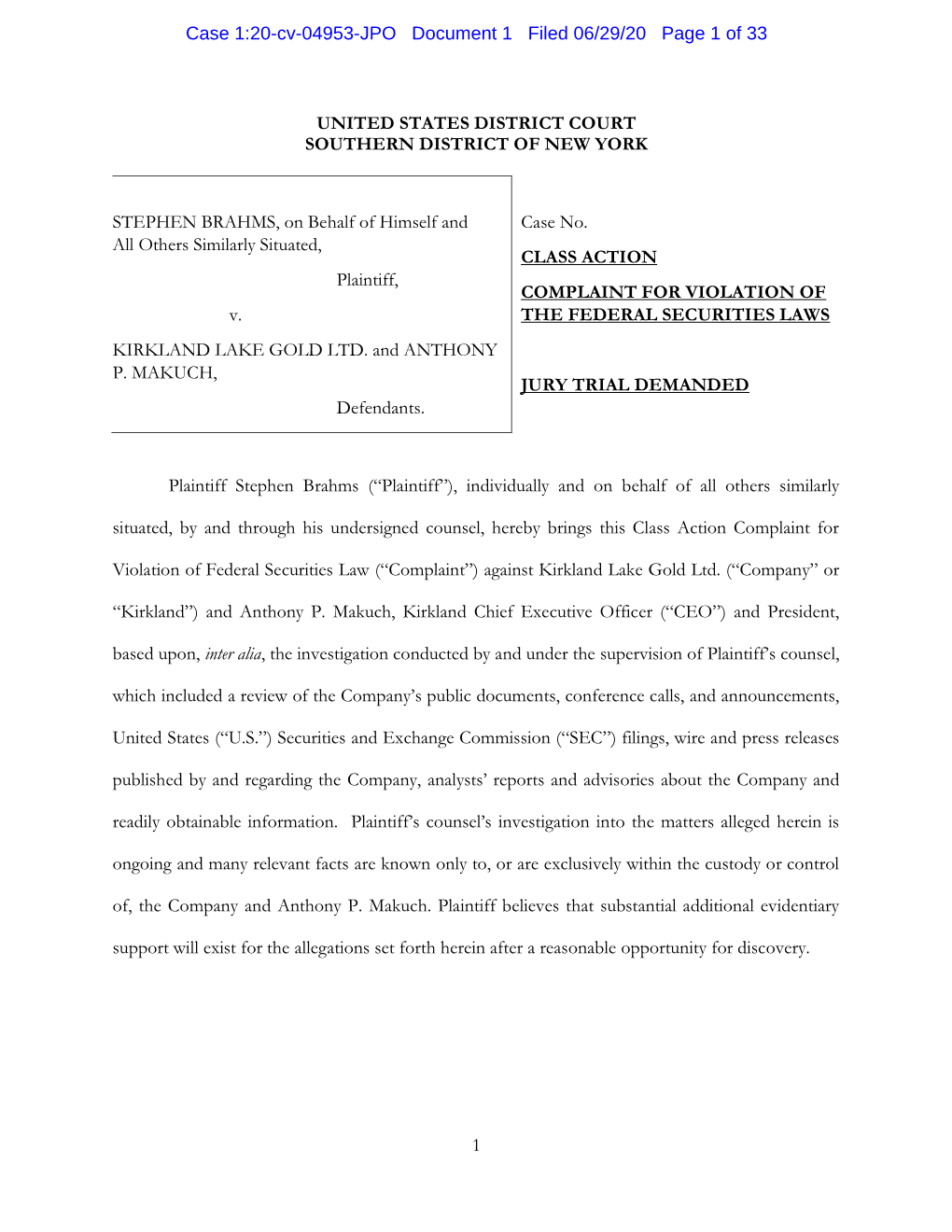 Stephen Brahms, Et Al. V. Kirkland Lake Gold Ltd., Et Al. 20-CV-04953