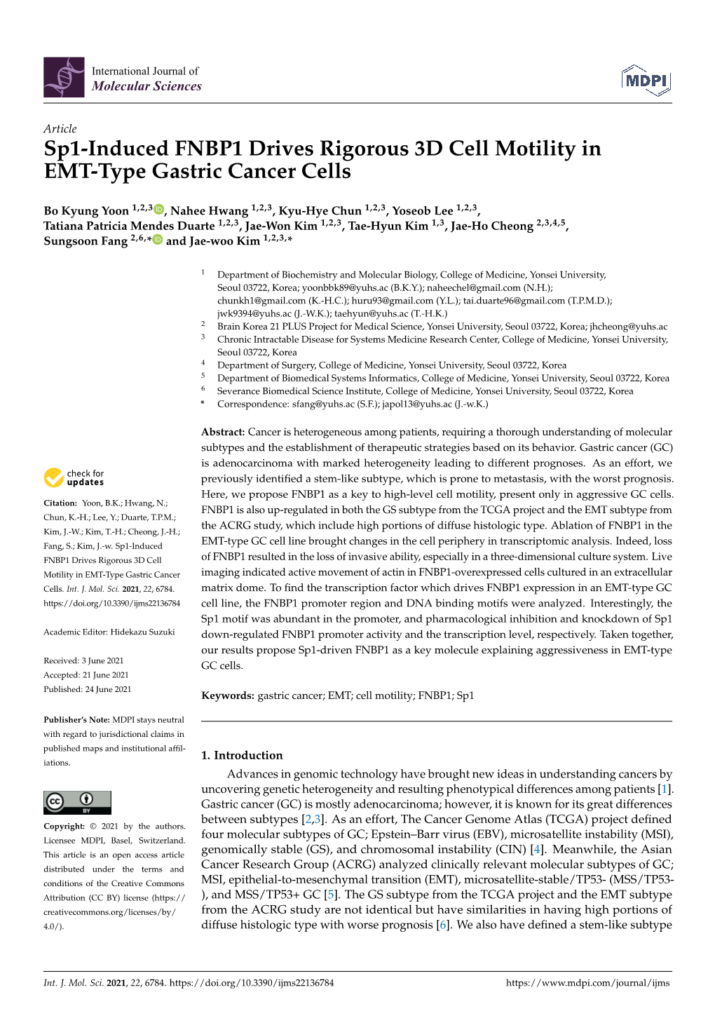 Sp1-Induced FNBP1 Drives Rigorous 3D Cell Motility in EMT-Type Gastric Cancer Cells