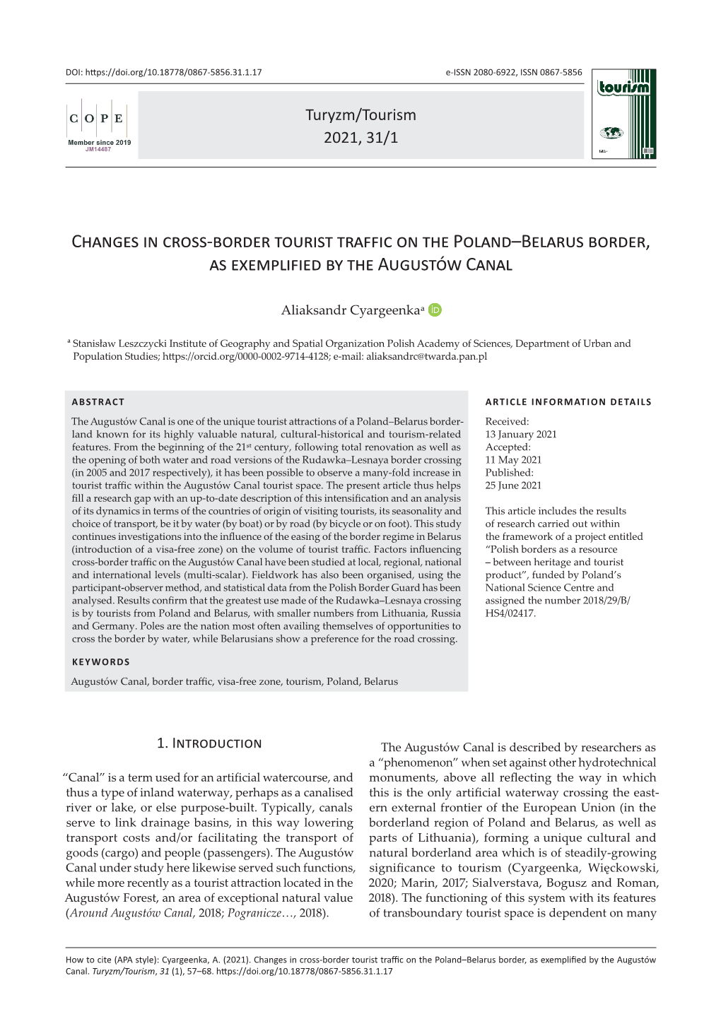 Changes in Cross-Border Tourist Traffic on the Poland–Belarus Border, As Exemplified by the Augustów Canal