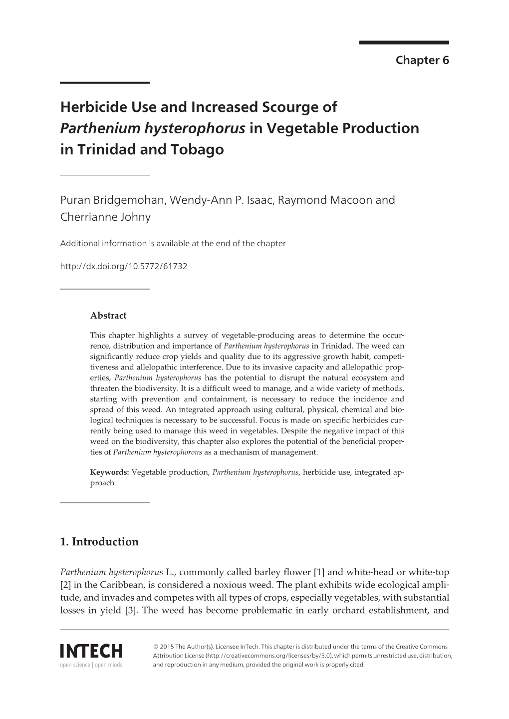Herbicide Use and Increased Scourge of Parthenium Hysterophorus in Vegetable Production in Trinidad and Tobago