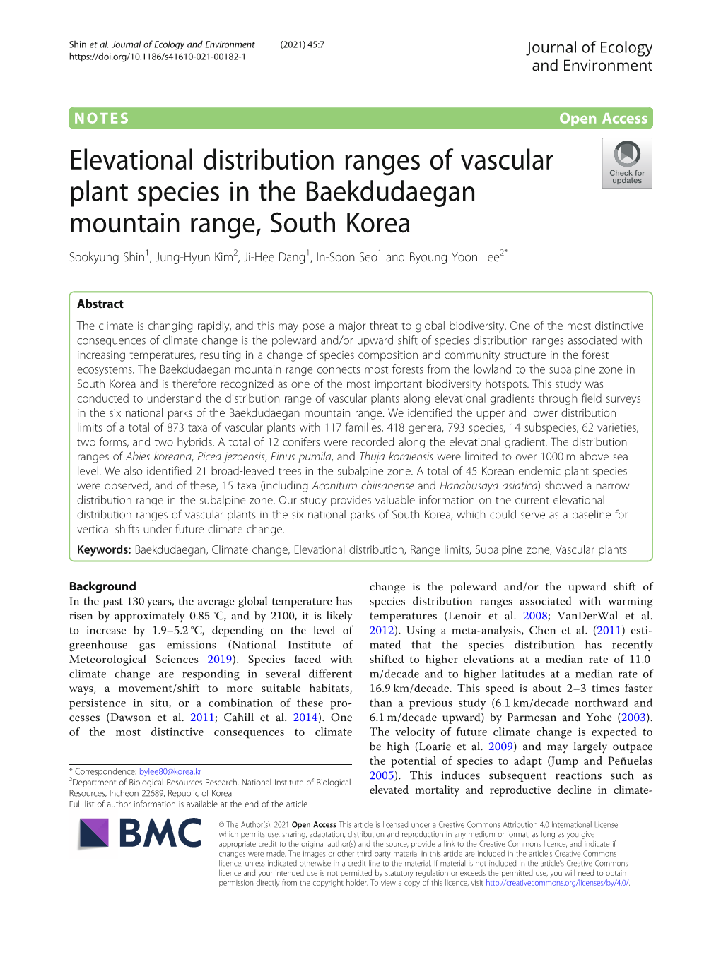 Elevational Distribution Ranges of Vascular Plant Species in The