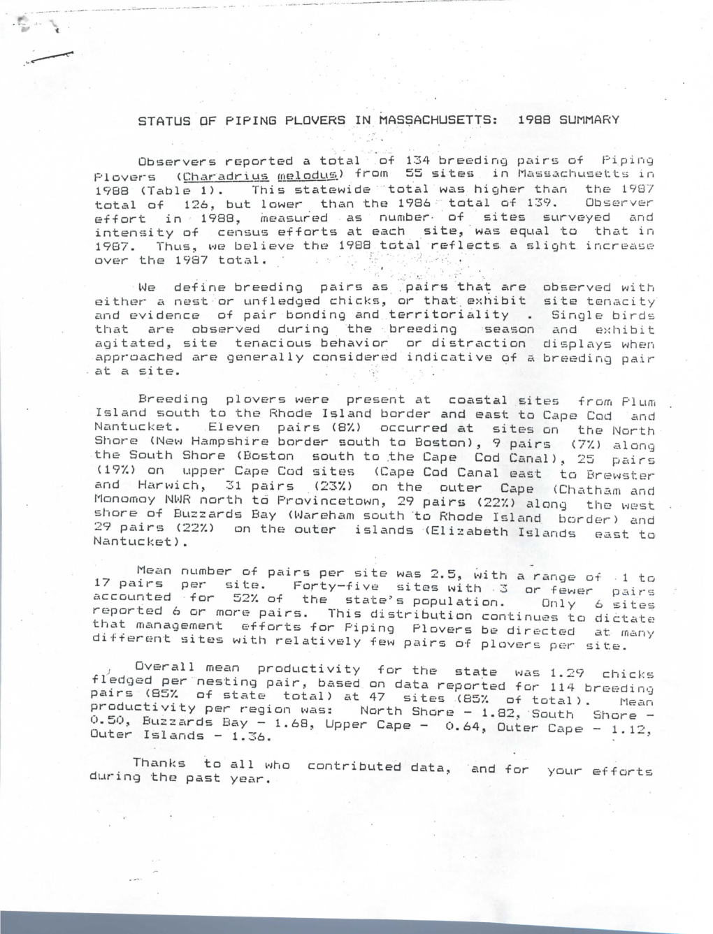 Status Df Piping Plovers in Massachusetts: 1988 Summary