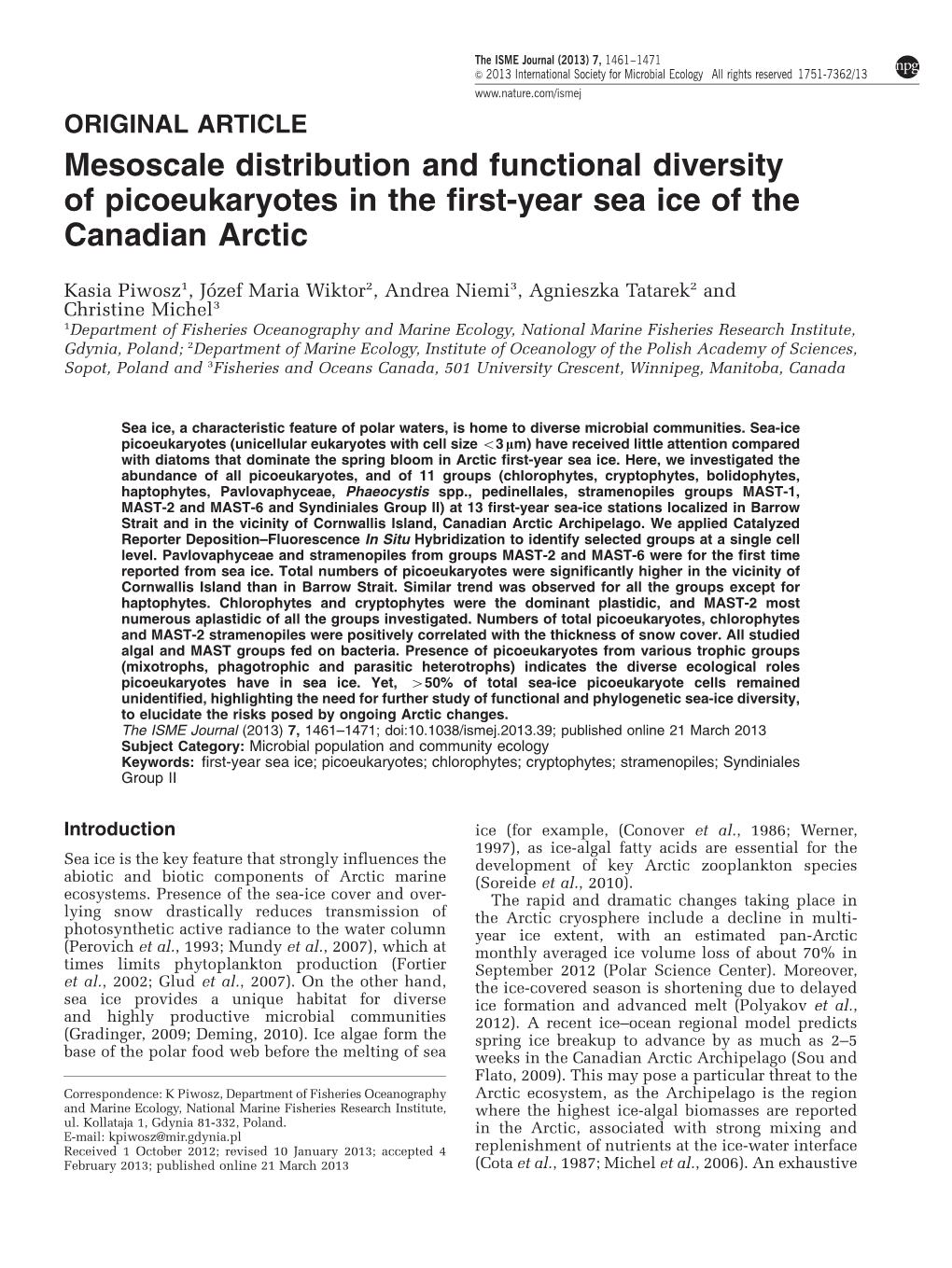 Mesoscale Distribution and Functional Diversity of Picoeukaryotes in the First-Year Sea Ice of the Canadian Arctic